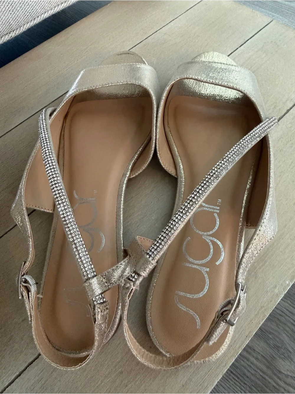 Sugar Metallic Gold Open-Toe Slingback Sandals with Rhinestone Strap